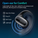 Wireless earbud with an open-ear design highlighted by blue concentric circles.