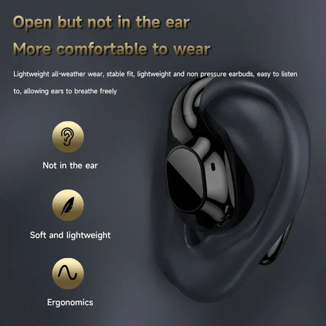 Wireless earbud with an open-ear design positioned next to a human ear illustration.