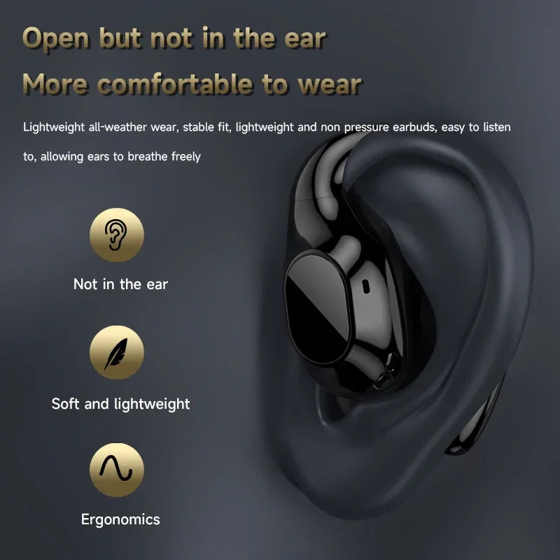 Wireless earbud with an open-ear design positioned next to a human ear illustration.