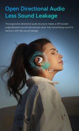 Wireless earbud shown in a person’s ear, highlighting its directional audio feature.