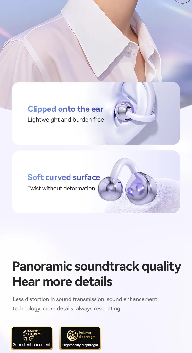 Wireless earbud with a soft curved surface and clip-on design for the ear.