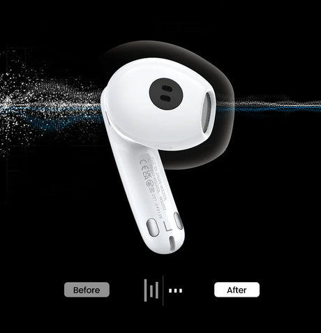 Wireless earbud with a stem, shown against a dark background with a blue light effect.