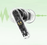 Wireless earbud with visible internal components and ’5.4’’ label.