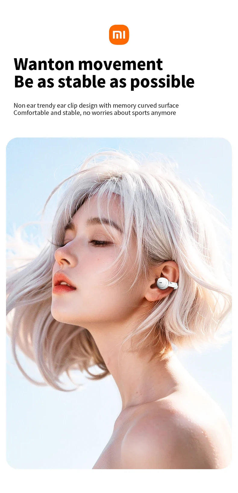 Wireless earbud worn in a person’s ear.