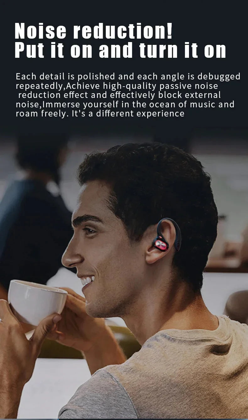 Wireless earbud being worn in a person’s ear.