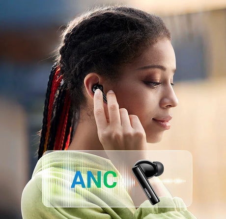 Wireless earbuds with active noise cancellation (ANC) feature.