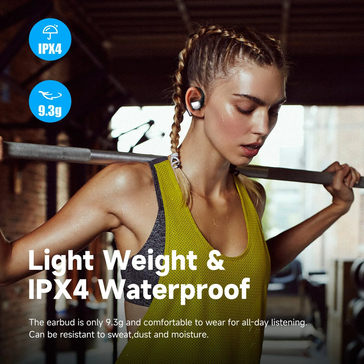 Wireless earbuds advertised as lightweight and waterproof.