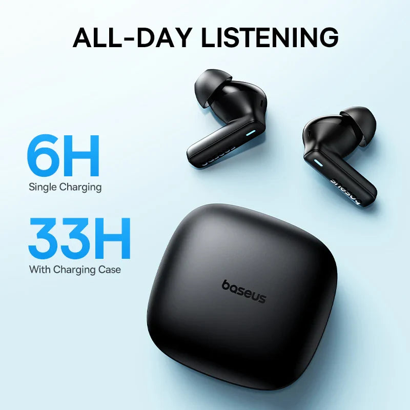 Wireless earbuds with a black charging case.