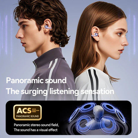 Wireless earbuds with a blue glowing effect, showcasing panoramic sound technology.