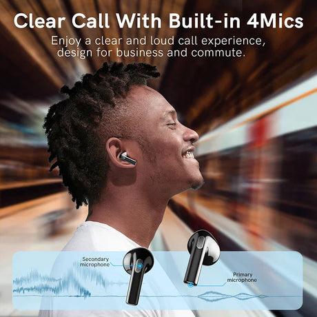 Wireless earbuds with built-in microphones.