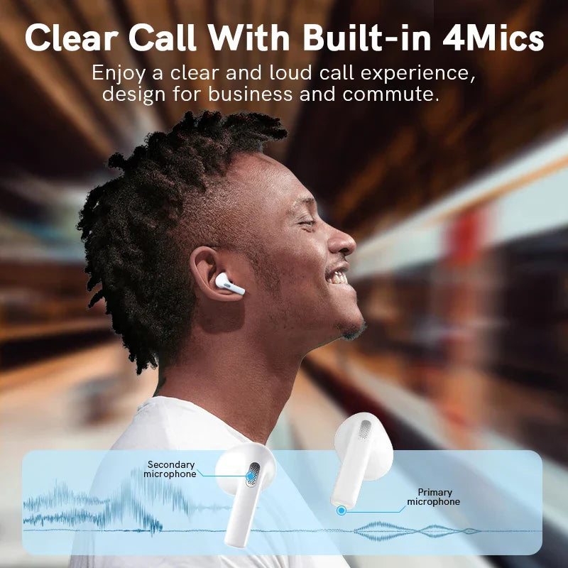 Wireless earbuds with built-in microphones.