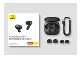 Wireless earbuds with charging case and accessories.