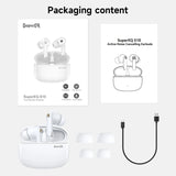 Wireless earbuds with a charging case and accessories.