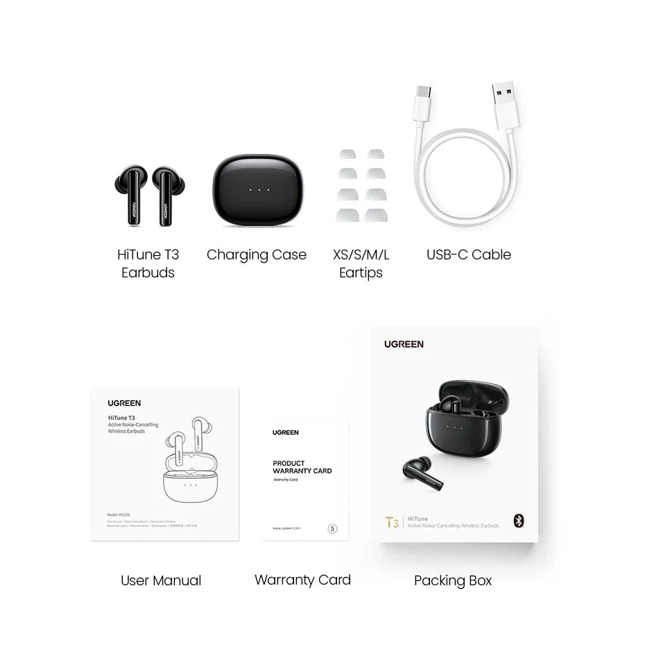 Wireless earbuds with charging case and accessories.