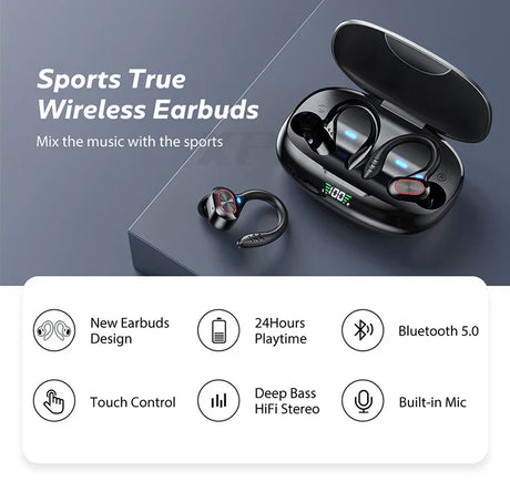 Wireless earbuds with a charging case displayed alongside product feature icons.