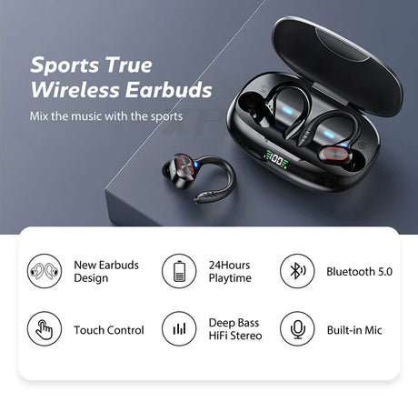 Wireless earbuds with a charging case displayed alongside product feature icons.