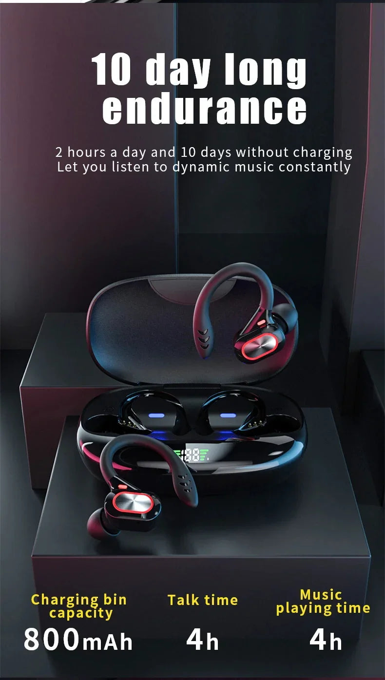 Wireless earbuds with a charging case displayed alongside product specifications.