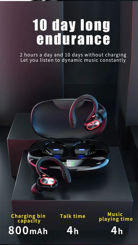 Wireless earbuds with a charging case displayed alongside product specifications.