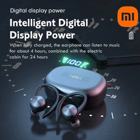 Wireless earbuds with a charging case displaying battery percentage.