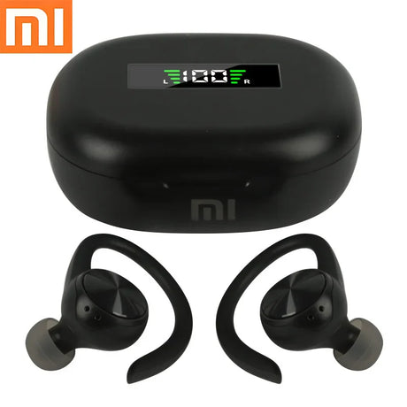 Wireless earbuds with a charging case displaying battery percentage.