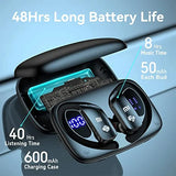 Wireless earbuds with a charging case displaying battery life specifications.