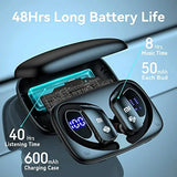 Wireless earbuds with a charging case displaying battery life and listening time specifications.