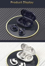 Wireless earbuds with charging case displayed on circular platforms.