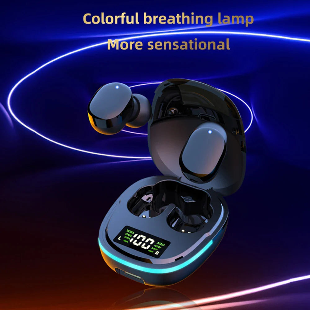 Wireless earbuds in a charging case with a colorful LED display.