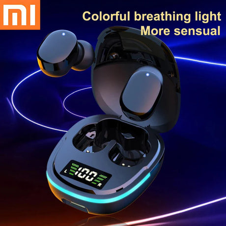 Wireless earbuds in a charging case with a colorful LED display.