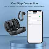 Wireless earbuds with charging case and connected smartphone.