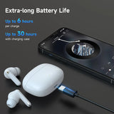 Wireless earbuds with a charging case connected to a smartphone.