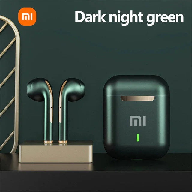 Wireless earbuds with a charging case in dark green color.