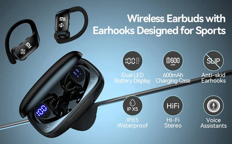 Wireless earbuds with a charging case designed for sports use.