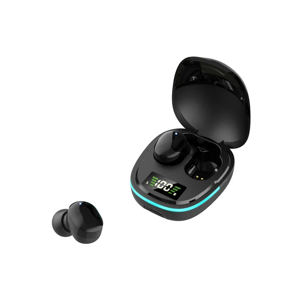 Wireless earbuds with a charging case featuring a digital display.