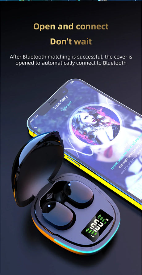 Wireless earbuds in a charging case with a digital display, next to a smartphone showing a glowing Earth image.