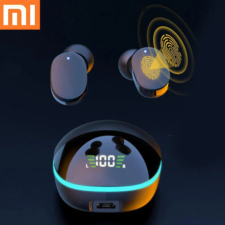 Wireless earbuds with a charging case featuring a digital display and illuminated rim.