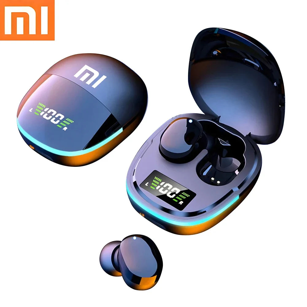 Wireless earbuds with a charging case featuring a digital display and colorful LED lighting.