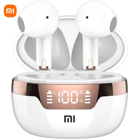 Wireless earbuds with a charging case featuring a digital display.