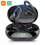 Wireless earbuds with a charging case featuring a digital display.