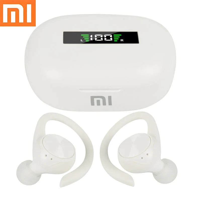 Wireless earbuds with a charging case displaying a digital battery indicator.