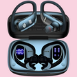 Wireless earbuds with a charging case featuring digital displays.