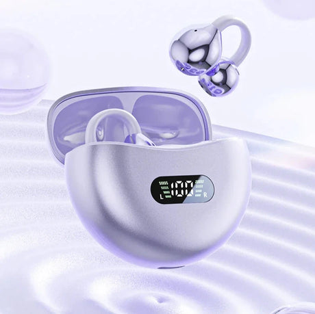 Wireless earbuds with a charging case featuring a digital display.