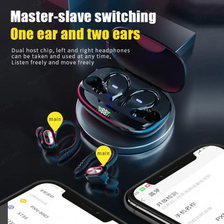 Wireless earbuds in a charging case with dual host chip functionality.