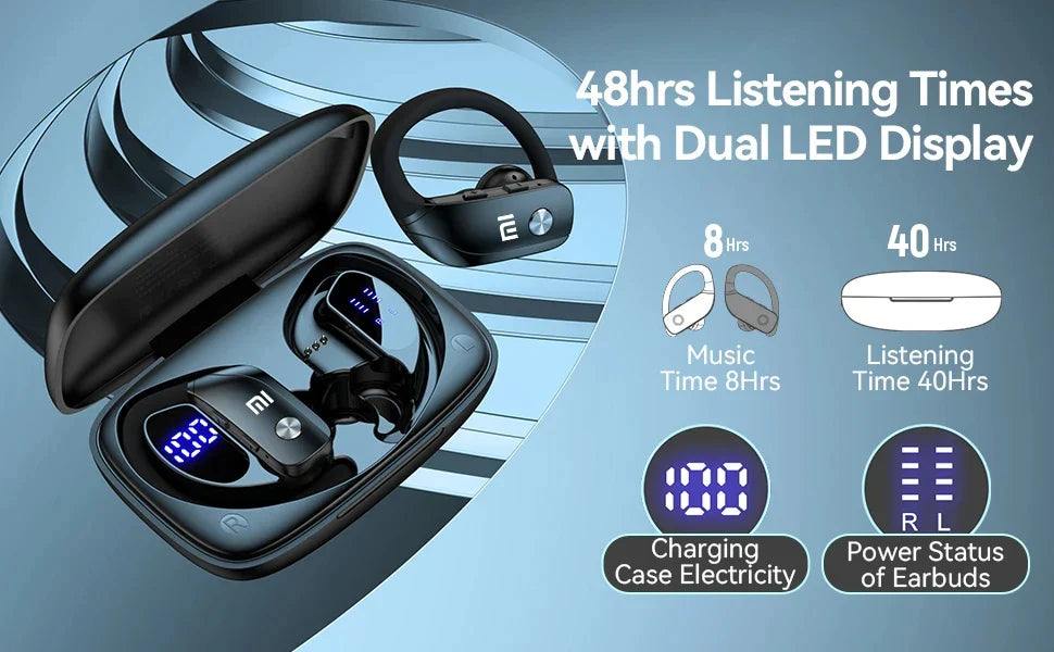 Wireless earbuds with a charging case featuring dual LED displays.