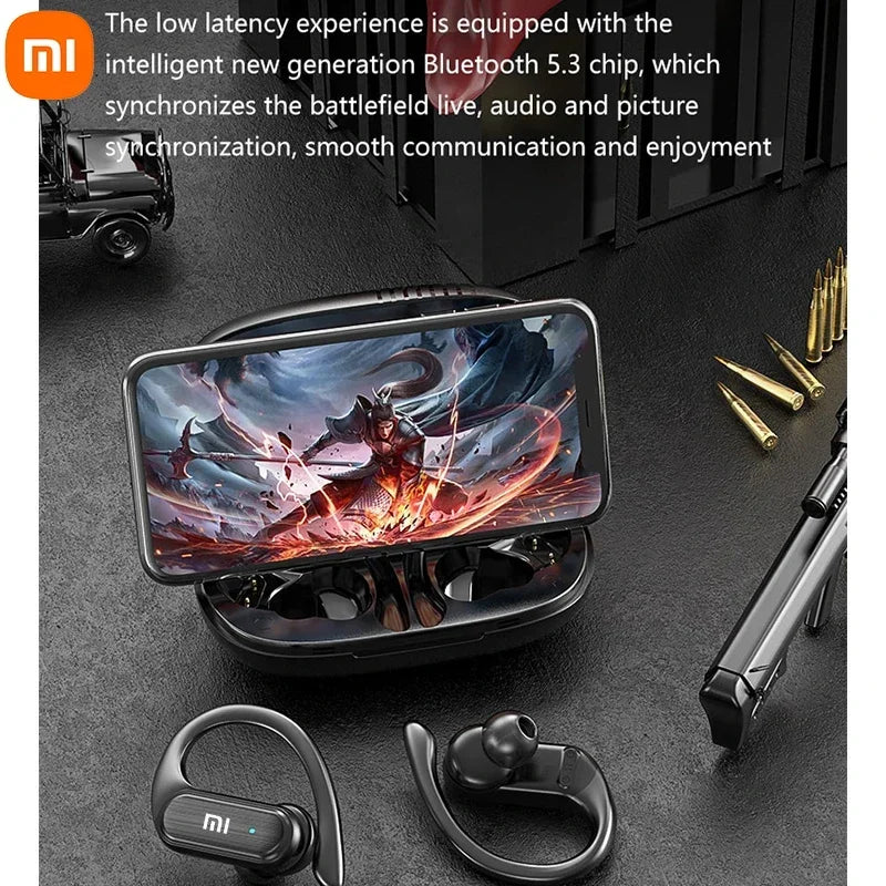 Wireless earbuds with a charging case displaying a dynamic gaming scene on its screen.