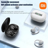 Wireless earbuds with a charging case and ear hooks for secure fit.