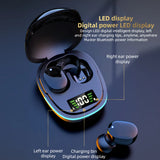 Wireless earbuds in a charging case with LED displays showing battery levels.