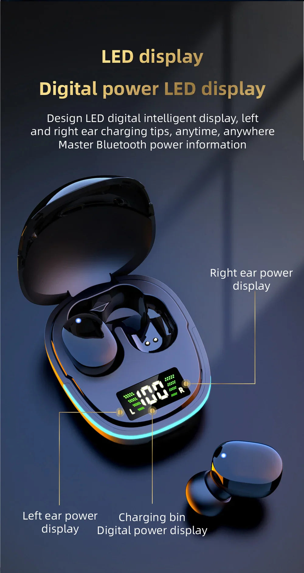 Wireless earbuds with a charging case featuring an LED display showing battery levels.