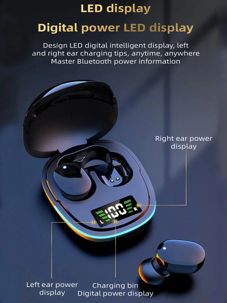 Wireless earbuds in a charging case with an LED display showing battery levels.