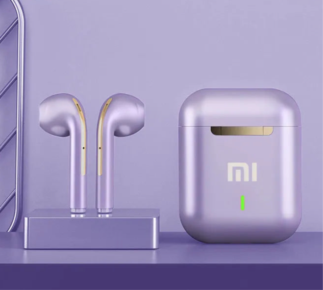 Wireless earbuds with a charging case, both in a metallic lavender color.